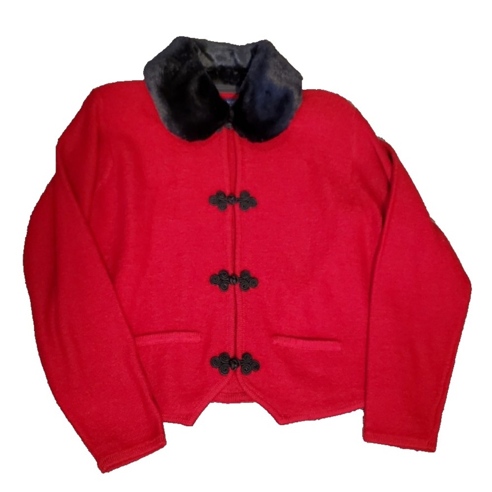 Karen Scott 100% Wool Red Cardigan w/ Button Decor Faux Fur Collar Women's M Vtg